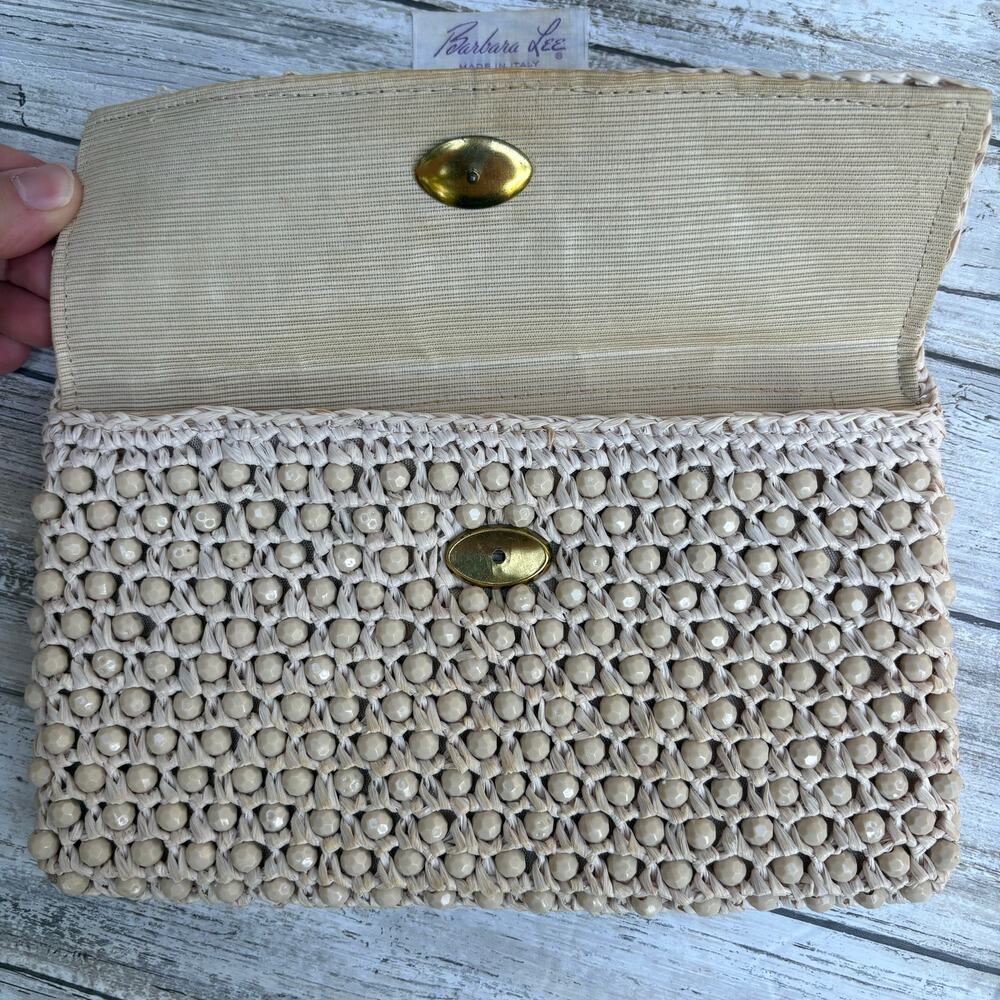 Barbara Lee Vintage Beaded Raffia Clutch Tan Beige Good Woven Made in Italy - Picture 4 of 12